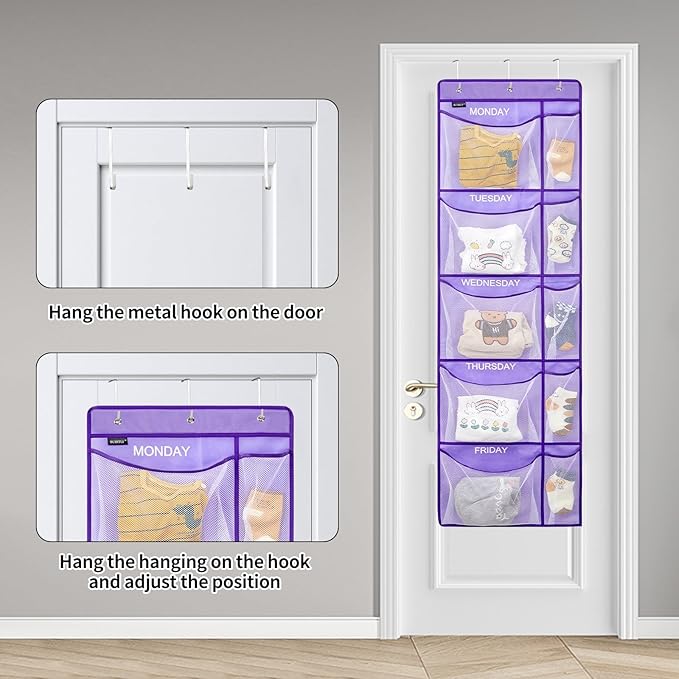Weekly Clothes Organizer for Kids, Monday to Friday Hanging Closet Organizer, 5-Shelf Large Capacity School Storage with Side Pockets, Purple (Quantity 2)