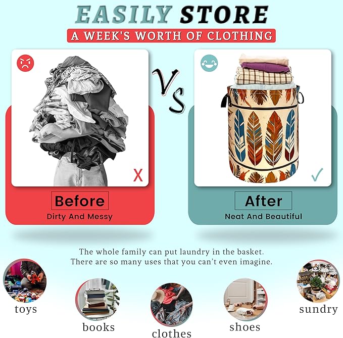 Boho Feather Print Laundry Basket Western Funny Laundry Hamper Foldable Oxford Cloth Colorful Tote Bag Clothes Toy Storage Bucket 18.9" x 16.5"For Bathroom/Laundry Storage/Bedroom