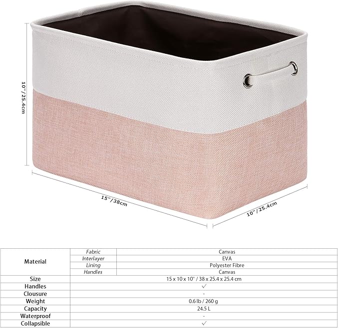 Sea Team 3-Pack Large Storage Basket Set, Trunk Organizer, Clothes Toys Bin, 15 x 10 x 10 Inches, Big Rectangular Canvas Fabric Collapsible Shelf Box with Handles for Kids Room (Pale Blush/White)
