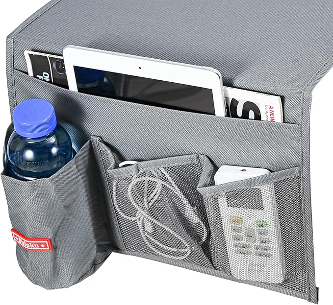 Falaku Bedside Caddy, 4 Pockets Bedside Organizer Caddy Under Mattress,Holds Water Bottles,Magazines,Books (Classic 4 Pockets-Grey)