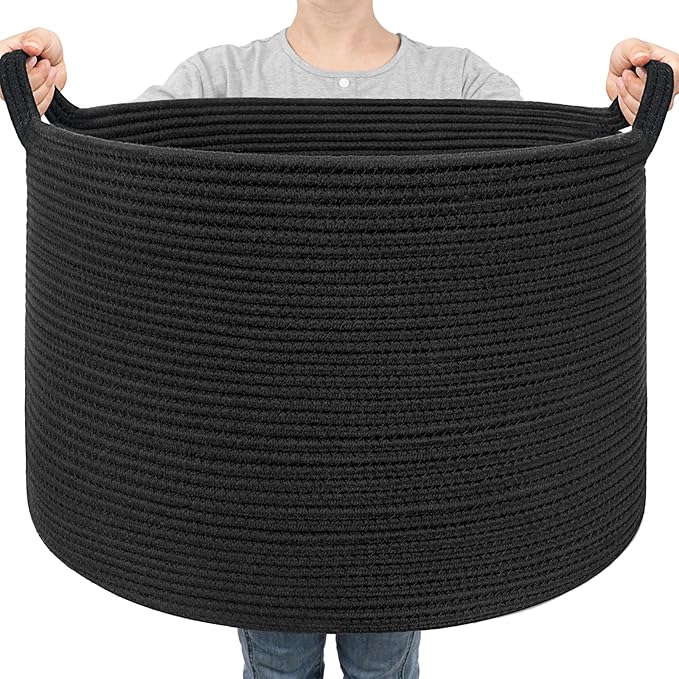 Goodpick Large Blanket Basket, 22"X 14" Woven Rope Baby Basket, Black Blanket Storage for Dirty Clothes, Kids Toy Storage Organizer Bins for Living Room