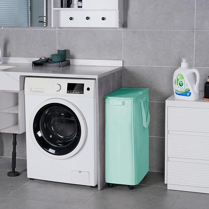 Slim Laundry Hamper with Lid and Wheels, Small Rolling Laundry Basket with Handle for Small Spaces, Tall Dirty Clothes Hampers for Dorm, Bathroom and Bedroom, 75L, Light Blue