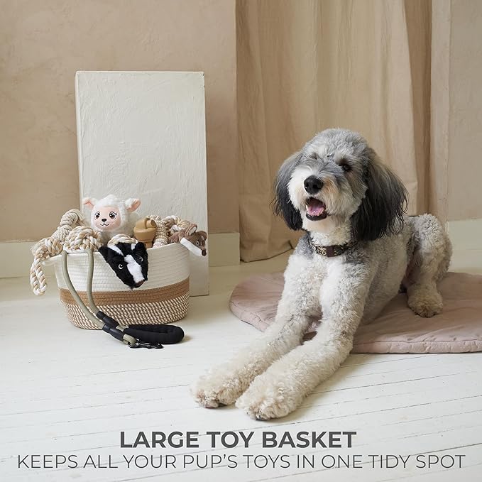 Stylish Cotton Rope Storage Basket For Dog Toys, Magazines or Books - The Perfect Woven Bin with Handles For Everyday Organization Reduces Clutter in Your Rooms - A Decorative Gift & Storage Box