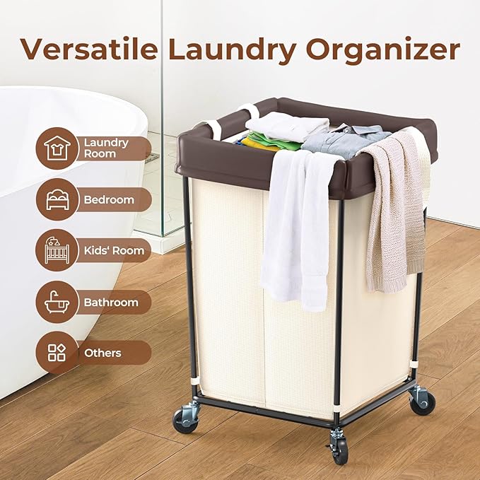 160L Laundry Basket with Wheels, 2 Section Large Rolling Laundry Hamper Bag with Wheels, Clothes Hamper Cart for Laundry, Bedroom, Bathroom and Dorm