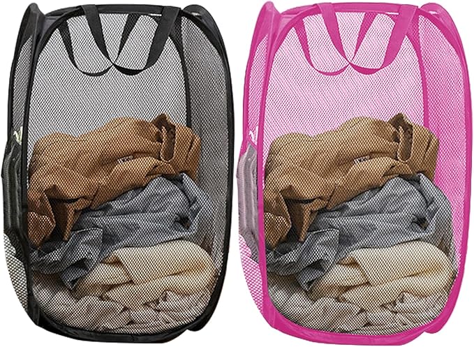 Pop Up Laundry Hamper Pack of 2 Mesh Collapsible Laudry Baskets with Side Pocket and Handles, Easy to Carry for Cruise, Home, Dorms, Laundry Room (Black+Rose red)