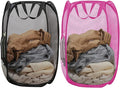 Pop Up Laundry Hamper Pack of 2 Mesh Collapsible Laudry Baskets with Side Pocket and Handles, Easy to Carry for Cruise, Home, Dorms, Laundry Room (Black+Rose red)