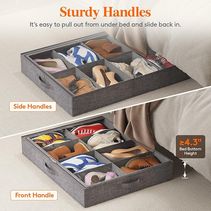 Lifewit Under Bed Shoe Storage Organizer Fits 8 Pair Sneakers, 4.3 Inches Tall Sturdy Structure Ultra Thick Fabic Sneaker Storage, Foldable Underbed Shoe Boxes for Heels, Boots, Sports Shoes 2 Pack