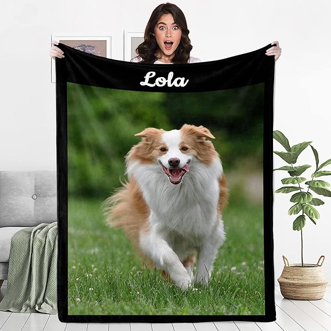 Personalized Dog Blanket with Photo, Custom Pets Throw Blanket with Name, Using My Own Photos, Picture for Puppy, Dog and Cat Blankets, Pet Passing Away Memorial Gifts