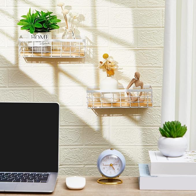Funrous 2 Pcs Metal Small Wire Basket Wall Hanging Wire Basket Hang Small Bathroom Kitchen Storage Organizer Toilet Paper Mesh Storage Bin Shelf Rack with Base(White,9.84 x 3.94 x 2.76 Inches)