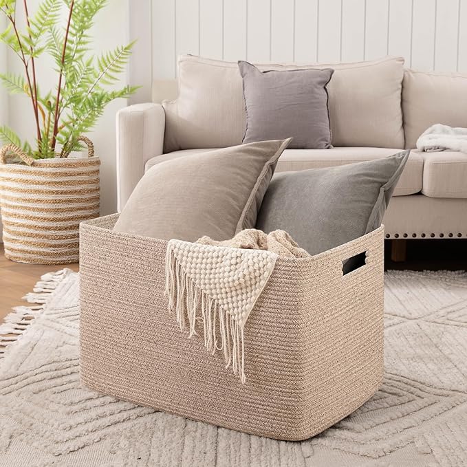 OIAHOMY 118L XXXLarge Cotton Rope Storage Basket, Oversized Blanket Basket, Used for Organizing Dirty Clothes in Living Room, Bedroom, Nursery, Dog Toy Storage Bins, 25" x 17" x 16",Brown variegated