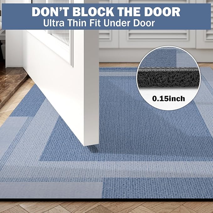 YDKGL Non Slip Bath Mat, Rubber Backing Ultra Thin Bathroom Rugs Fit Under Door Quick Dry Super Absorbent Washable Bath Rug Shower Mat for Bathroom Floor Bathtub Shower Sink, Easy Care Blue 16"x 24"
