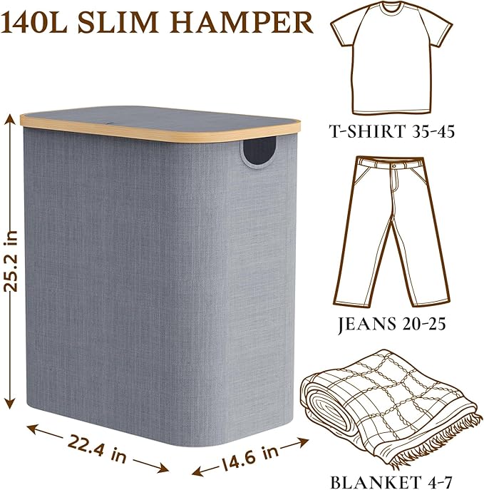 140L Foldable Laundry Baskest with Lid, 2 Section Extra-large Laundry Hamper with Removable Bags and Bamboo Handles for Bathroom, Bedroom & Laundry Room, Grey