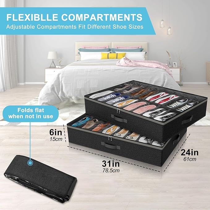 Under Bed Shoe Storage Organizer for Closet, Fits 32 Pairs Underbed Shoes Box Storage Containers Under the Bed Storage Foldable with Sturdy Handles&Clear Window for College Dorms Black, Set of 2