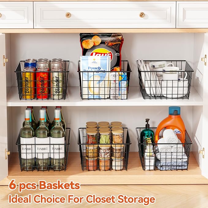 SUFAUY 6 Pack Utility Wire Shelves for Storage and organization, Sturdy Steel Large Metal Basket with Handle, Stackable Organizer, Black