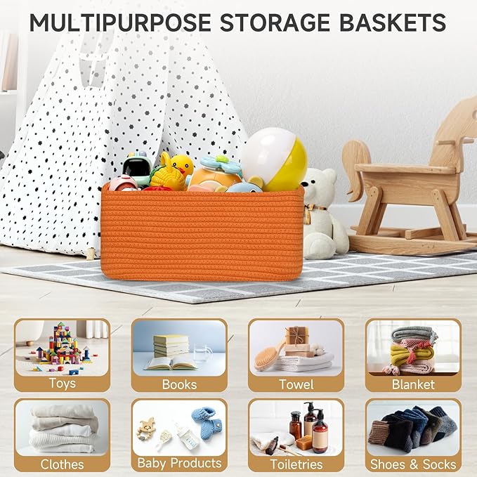 3-Pack Small Storage Baskets for Organizing | Woven Shelf Toy Basket | Rope Baskets for Gifts Empty | Closet Organizer Bins with Handles | Cube Decorative Box | 11.8×7.8×5.1” | Orange