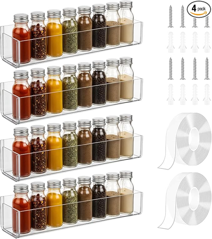 Adhesive Acrylic Spice Rack for Wall, 12 Inch Wall Mount Spice Rack with 2 Double Sided Tape, 4 Pack Hanging Seasoning Rack Organizer for Kitchen Cabinet Door/Pantry Door (Adhesive or Screw)