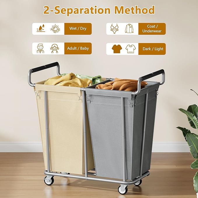 Large laundry hamper with Wheels, 2 Bag 360L Big Rolling Laundry Basket Sorter Cart, Extra Large Laundry Clothes Hamper, Heavy Duty Laundry Basket Organizer for Laundry Room,Bathroom