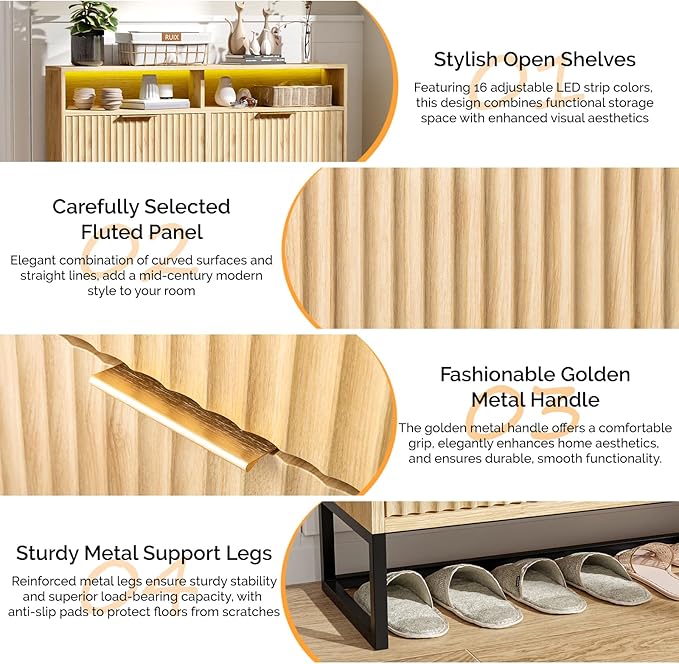 VINGLI Fluted Shoe Cabinet Storage for Entryway,Hidden Shoes Storage Cabinet with 4 Flip Drawers, Mid Century Modern Shoe Rack with LED Light,Shoes Organizer with Cubby for Hallway(Natural Oak)
