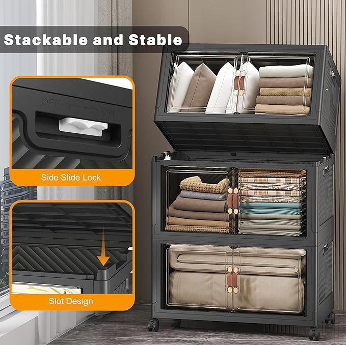 Extra Large Stackable Storage Bins with Lids & Wheels & Door, 672QT-112QT/28GAL*6Pack Foldable Collapsible Closet Organizers, Plastic containers drawers for bedroom Dorm