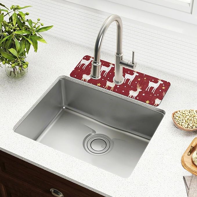 Kitchen Sink Splash Guard 2 PCS 14.7 Inch Sink Faucet Mat Splash Guard for Bathroom Countertop Water Absorbent Foldable Cuttable Soft Washable Red Christmas Reindeer Star Dots