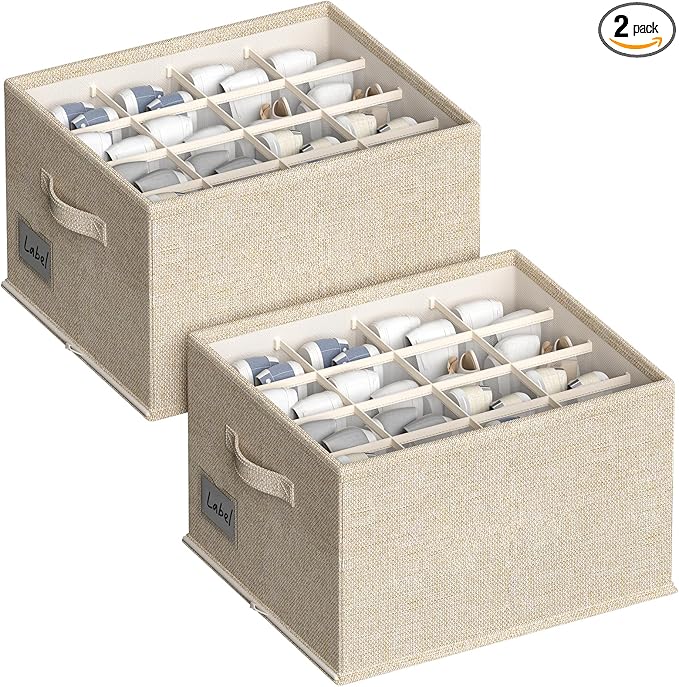 2 Pack Shoe Organizer for Closet, Fits 16-32 Pairs Fabric Shoe Storage Bins Large Shoe Box Storage Containers with Bottom Support for Shoes Space Saving Shoes Holder (Beige, 19.7*15.7*11.8in)