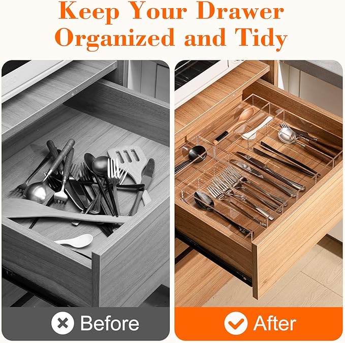 Kathfly Large Clear Expandable Silverware Drawer Organizer, Acrylic Adjustable 21.4 to 36 Inches Wide Utensil Tray for Kitchen Flatware and Cutlery Holder for Spoons Forks Knives, 13 Compartments