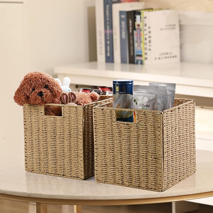 Vagusicc Wicker Storage Basket, Set of 2 Hand-Woven Wicker Basket, 11 inch Storage Baskets for Organizing and Decor, Foldable Cube Storage Organizer Bins Baskets for Shelves, Woven Basket, Natural