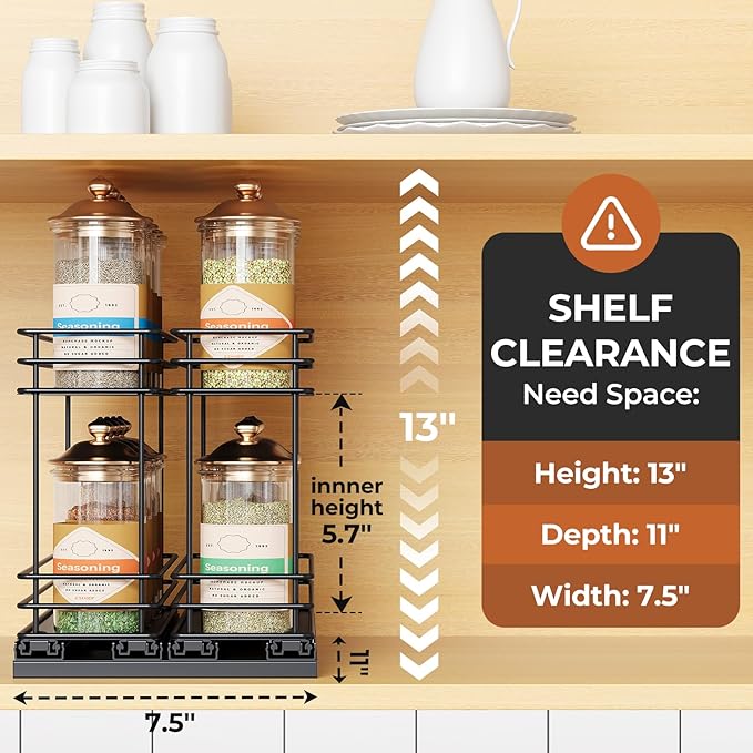 Pull Out Spice Rack Organizer for Cabinet, Slide Out Spice Racks, Easy to Install, 7.08" Wx10.43 Dx8.26 H, 2 Drawers 2 Tiers(Black)