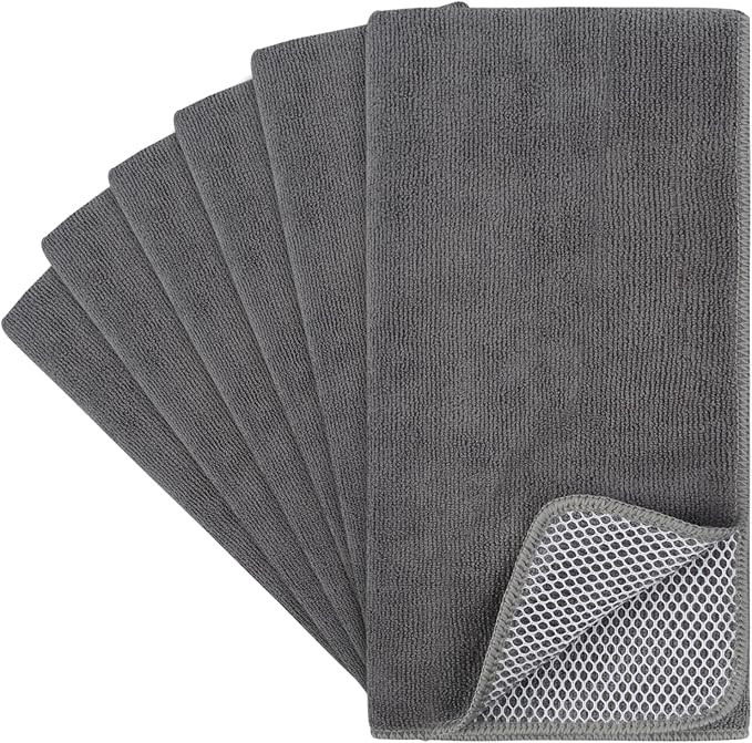 KinHwa Kitchen Washcloths for Dishes Absorbent Microfiber Dish Cloths Dish Towels for Kitchen Quick Dry Dish Rags with Poly Scour Scrub Side Ideal for Kitchen Cleaning (Gray, 15inchx25inch 6pack)