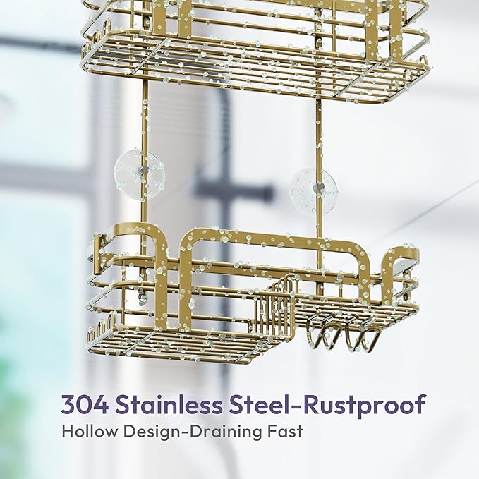 SWTYMIKI Shower Caddy Hanging Organizer - Over the Door Shower Caddy with Soap Holder, 11 Hooks, 2 Installation Ways, Stainless Steel Rustproof Bathroom Organizer, Gold