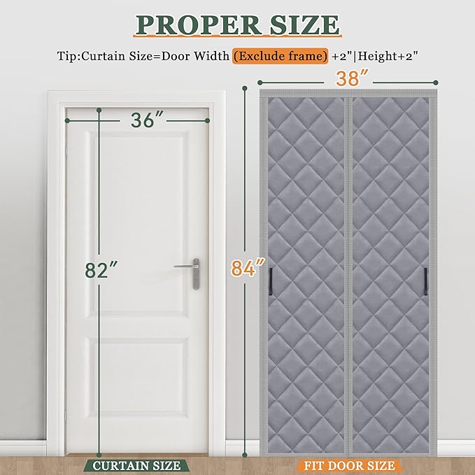 Magnetic Thermal Insulated Door Curtain Fits 36'' x 82'' Doors (Curtain Size 38'' x 84''), Oxford&Cotton Thermal Door Cover Insulation for Winter/Doorway/Attic Doors, Keep Warm, Grey