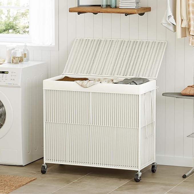 WOWLIVE Laundry Hamper with Wheels, 160L Handwoven Rolling Laundry Basket 3 Section with Lid, Clothes Hamper with 3 Removable Liner Bags, Large Laundry Sorter Laundry Room Organization, Creamy White