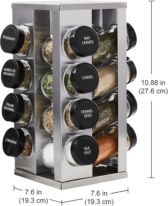 Kamenstein 16 Jar Heritage Revolving Countertop Spice Rack Organizer with Spices Included, FREE Spice Refills for 5 years, Brushed Stainless Steel with Black Caps | Revolving, Organizer, with Spices Included, with Black Caps