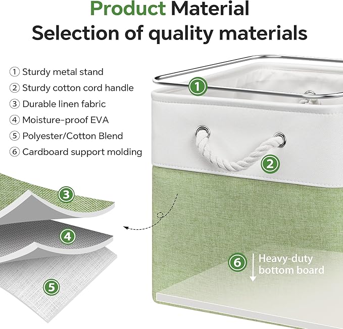 13x13 Inch Cube Storage Bins with Reinforced Bottom Cardboard, 6 Pack Large Foldable Fabric Storage Cubes with Handles for Shelf, Closet, Laundry Organization (White&Green)