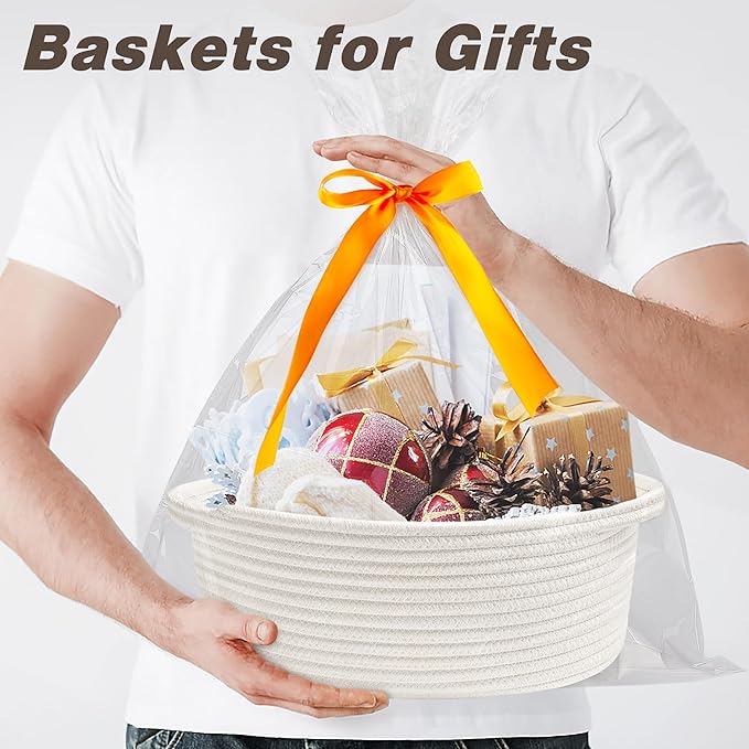 Pro Goleem Small Woven Burr Basket with Gift Bags and Ribbons Durable Baskets for Valentines Day Gifts Empty Small Rope Basket for Storage 12"X 8" X 5" Baby Toy Baskets with Handles, White