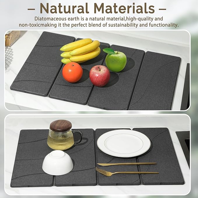 Large Stone Dish Drying Mat for Kitchen Counter, 2 PCS Quick Dry Stone Mats, Foldable Water Absorbing Diatomaceous Earth Drying Dishes Pad for Countertop Bottle Utensil Cup(Carved Gray 24"x16"&8"x4")