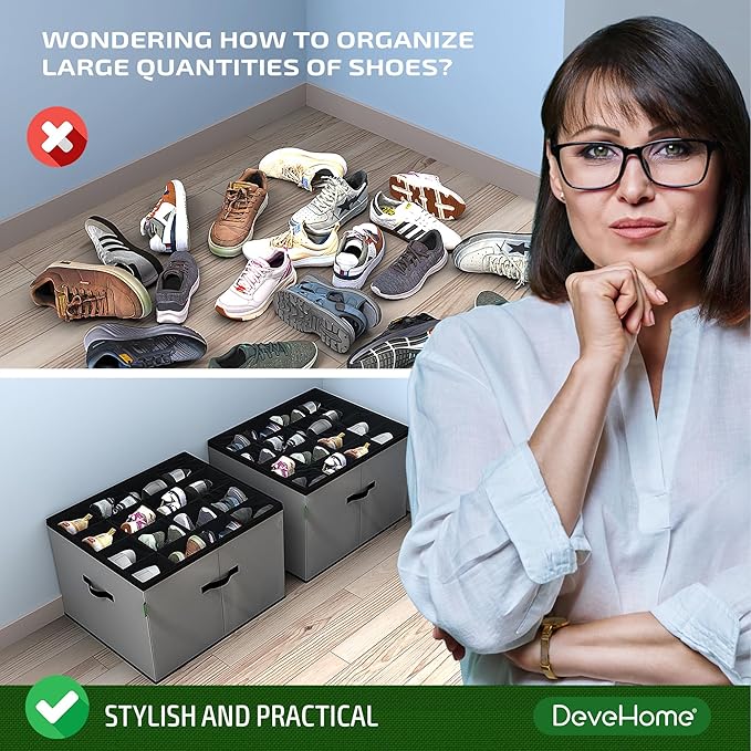 2 Pack Shoe Organizer for Closet, Foldable Fabric Shoe Storage Box with Adjustable Dividers and Clear Dustproof Cover, Large Collapsible Shoe Bins & Containers, Holds up to 32 Pairs, Gray