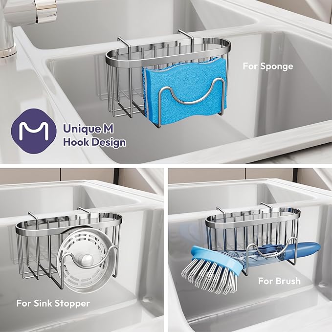 SWTYMIKI Sponge Holder for Kitchen Sink - Movable Kitchen Caddy with M Shape Hook, Stainless Steel Hanging Sponge Caddy for Sponges, Brush, Stopper Organizer in Double Bowl Sink, Silver