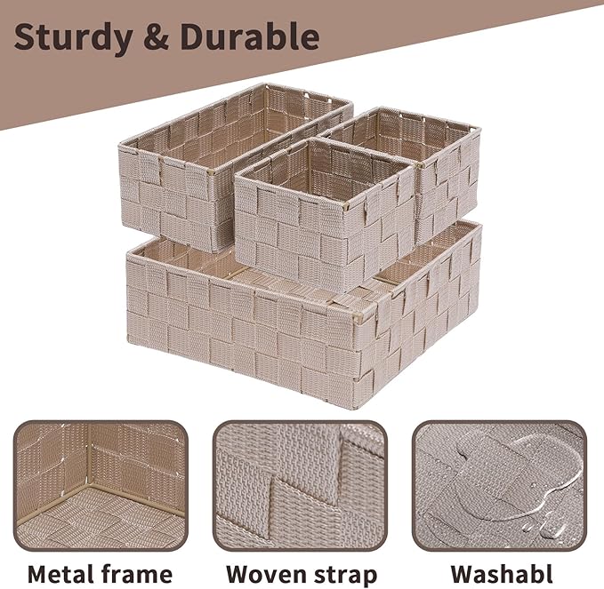 Storage Bins Woven Organizer Set of 4 – Polypropylene Storage Baskets with Metal Frame, Stackable Fabric Boxes for Drawers, Closet, Shelf, Nursery and Office, Beige
