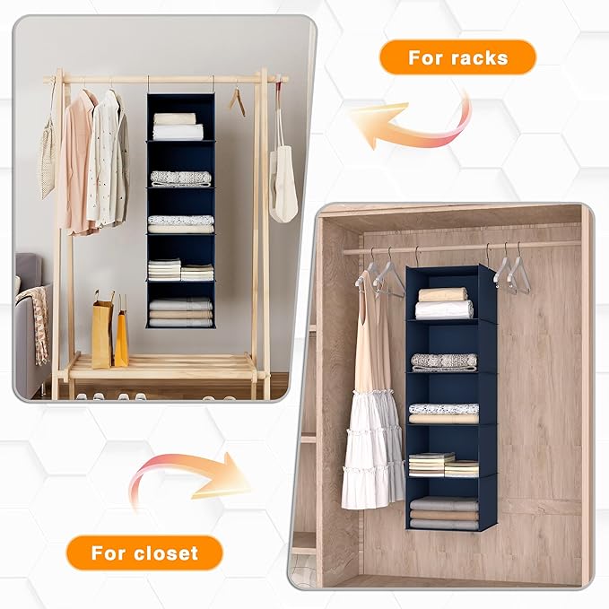 Hanging Closet Organizer and Storage 5-Shelf, Easy Mount Foldable Hanging Closet Wardrobe Storage Shelves, Clothes Handbag Shoes Accessories Storage, Washable Oxford Cloth Fabric, Navy Blue