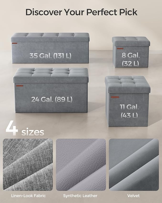 SONGMICS Storage Ottoman, Foldable Small Ottoman Foot Rest, 12.2 x 16.1 Inches Foot Stool, Ottoman with Storage, Load up to 286 lb, for Living Room, Bedroom, Dorm, Dove Gray ULSF200G02