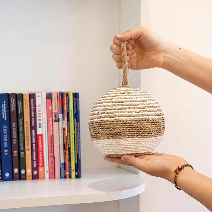 PEMAR Natural Wicker Door Stopper with Handle, Rustic Farmhouse Decorative Door Stop, Heavy Indoor Doorstop, Nautical Blocker Jammer 6.3''D Sphere Ball Shape (Seagrass)