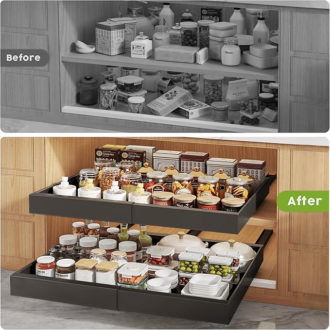 2 Pack Pull Out Cabinet Organizers 21" Deep With Raising Pad for Framed Cabinets, Expandable Width (15.2"-26.3") Slide Out Drawers Upgrade 3 Slide Rails, Roll Out Shelves Adhesive, Black