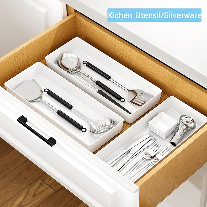 ihomecooker 3 Pack White Large Size Plastic Drawer Organizer Tray Cutlery Utensil Makeups Drawer Organizers 15" X 6"