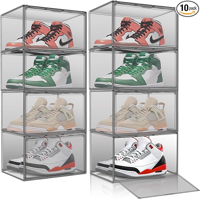 10 Pack Black Acrylic Shoe Display Case Size 12 Sneaker Storage Box Handbag Purse Organizer Clear Storage Bins with Magnetic Door for Shoes, Purse, Handbag, Figure Collectibles