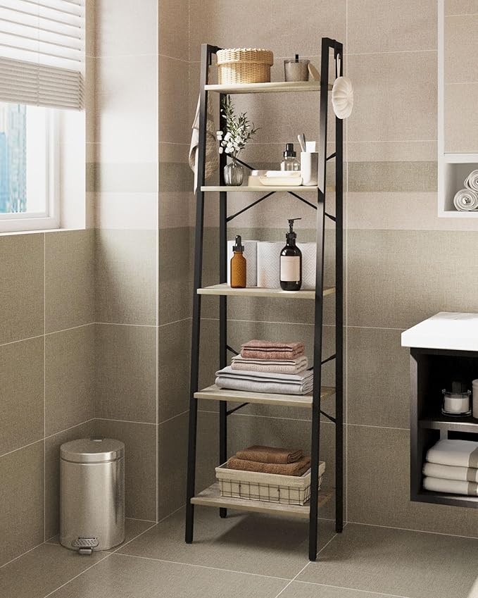 Ladder Shelf, Bookshelf Bookcase, Freestanding Corner Storage Shelve with 2 Hooks for Home Office, Living Room, Kitchen, Bedroom, Industrial, 11.8" D x 17.3" W x 63" H, Greige BC19205B