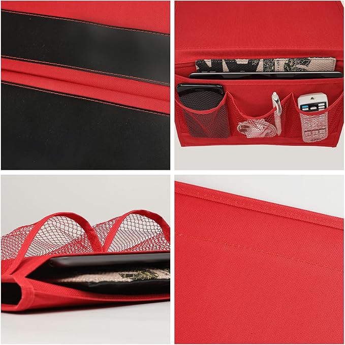 Surblue Bedside Caddy 4 Pockets Bedside Storage Organizer for TV Remote Control Phone Glasses Magazine (Red)