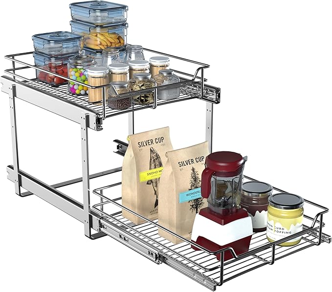JOWBOOW 2-Tier Pull Out Cabinet Organizer (17.5" W x 22" D), Pull Out Shelves and Drawer for Kitchen Pantry Storage Basket, Heavy-Duty Metal Sliding Shelf, Chrome Finish
