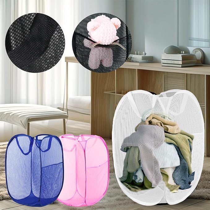LXLOVESM Pop Up Laundry Hamper, Mesh Laundry Basket Collapsible, Foldable Hamper for Travel and Storage, 3 Pack (White+Pink+Blue)