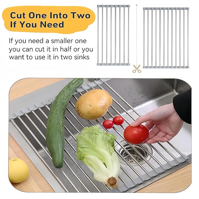 Roll Up Dish Drying Rack, 17.7" x 11.8" Over The Sink Dish Drying Rack, Kitchen Dish Rack Foldable Dish Drainer, Stainless Steel Dish Drying Rack for Kitchen Sink Counter Storage (Grey)